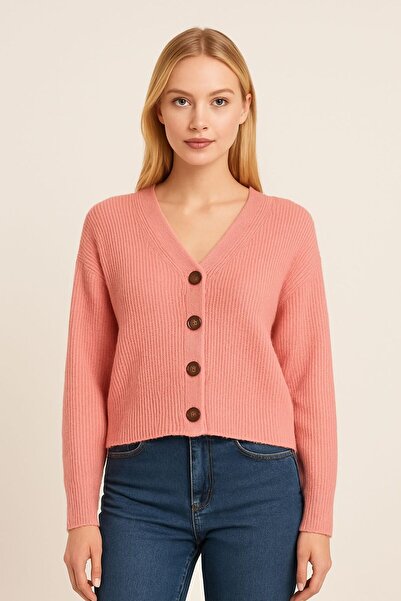banessa Pink Buttoned Knitwear Women's Cardigan