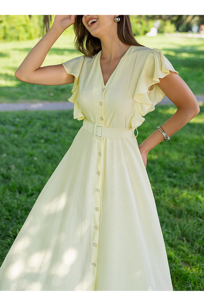 studio fashion 1988 Women's Yellow Flounce Belted V-Neck Midi Shirt Dress