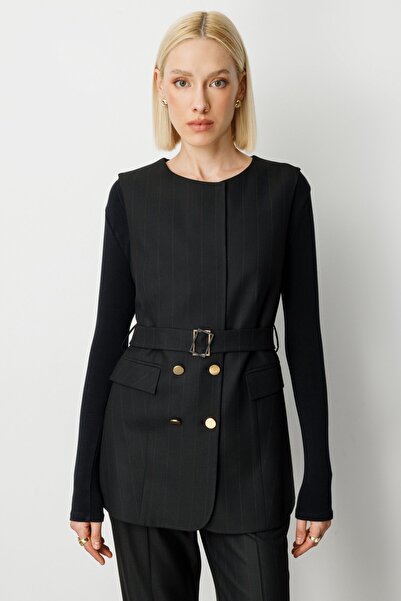 Ekol Striped Waist Belted Vest