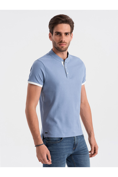 OMBRE Pánské polo tričko bez límečku - modré V3 OM-TSCT-0156 XL