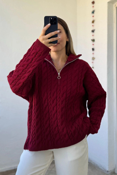 Kubos Moda Pulover cu fermoar cu model tricotat, cu croiala confortabilă, roș...