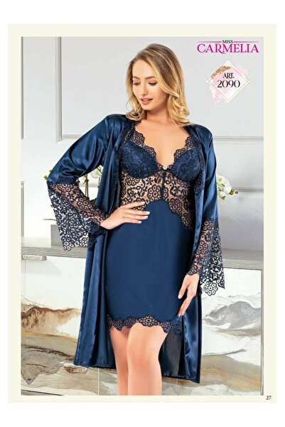 miss carmelia طقم ثوب نوم من الساتان مع روب - 2090 أزرق داكن