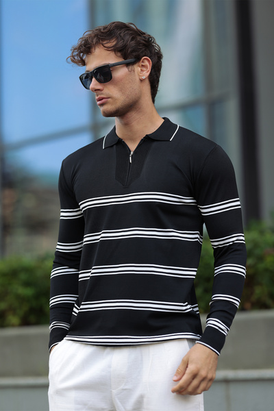 aziso Men's Polo Neck Striped Half Zip Knit Sweater