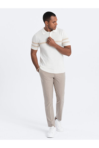 OMBRE Men's soft knit polo shirt with contrasting stripes - cream V3 OM-POSS-0118 XXL