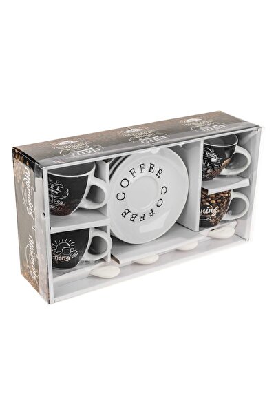 SHOPIENS Set 4 cesti de cafea Shopiens®, din portelan, model Coffee cu farfurii si lingurite, 180 ml