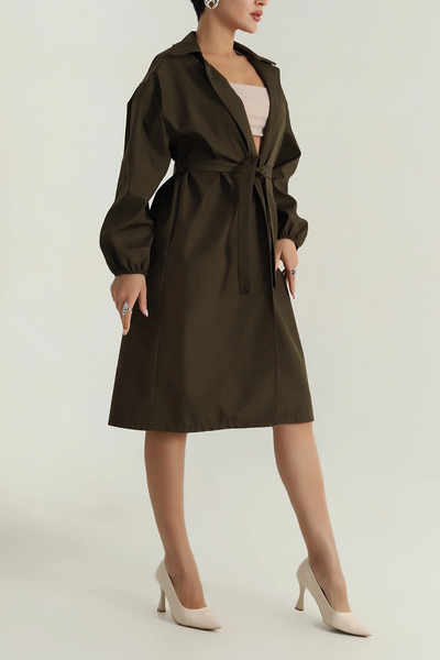 VıoShıne Kadın Kruveza Yaka Belden Bağlamalı Balon Kol Trençkot