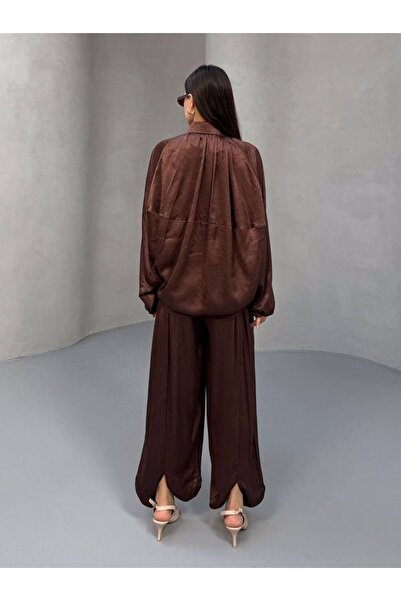 MY DEPO Crinkled Satin Oversize Set – Zippered Blouse & Flared Leg Pants