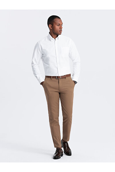 OMBRE Men's SLIM FIT chino pants with fine texture - brown V2 OM-PACP-0190 S