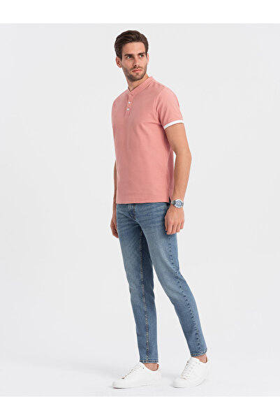 OMBRE Pánské polo tričko bez límečku - růžové V7 OM-TSCT-0156 XXL