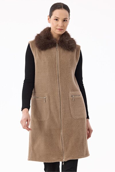 Tığ Triko Cepleri Ve Önü Fermuarlı Yelek VİZON