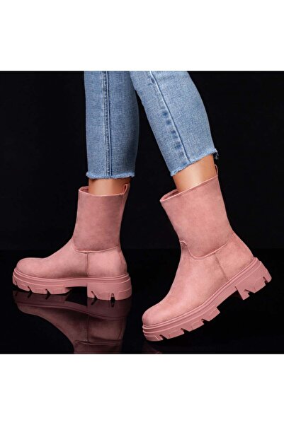 Modlet.ro Ghete roz din piele întoarsă pentru femei cu talpă groasă MOD07525
