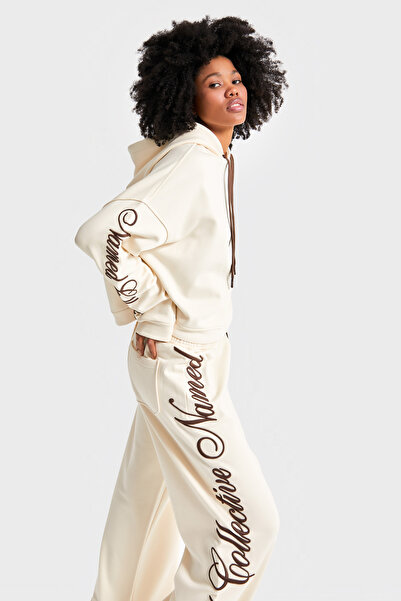 its basic Kadın Ekru Renk w5-57 Yazı Nakışlı Bol Kesim Tasarım Alt-Üst 2'li Kombin Takım