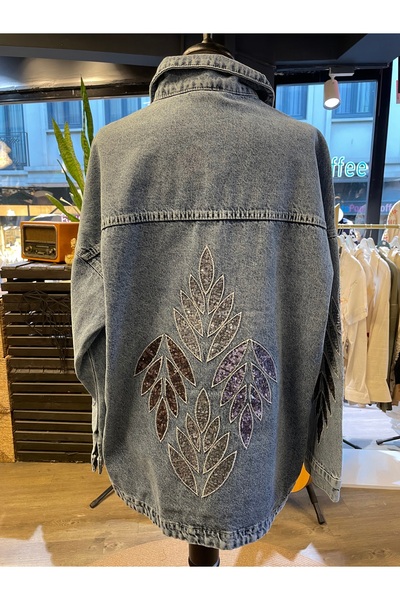 Dadali سترة نسائية من القطن المطرز بنقشة أوراق الشجر بأكمام طويلة وجيب من الدنيم