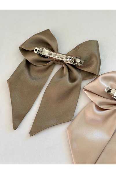 vikivin bebe Khaki Bright Green & Champagne Beige – Set of 2 Satin Bow Tie Clips (8 cm Automatic Clip)