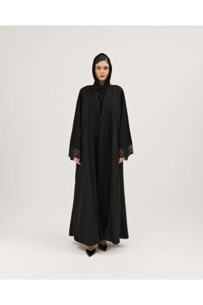 SOROSE SA عباية لف سوداء كتان دانتيل نص كلوش بتصميم أنيق