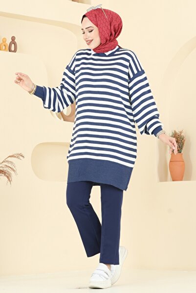 ModaMerve Çizgi Detay Triko Tunik 6005KL398-MS İndigo