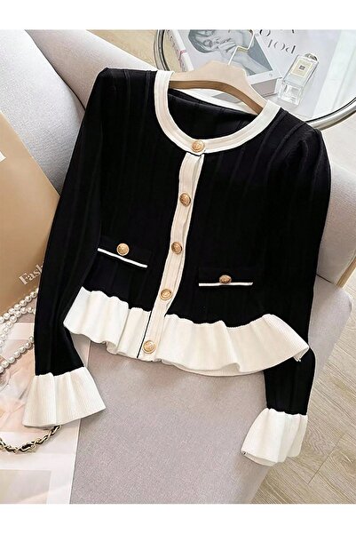 banessa Kadın Siyah Beyaz Kurdele Detaylı Düğmeli Triko Hırka