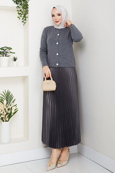 modapark.ist Γυναικείο Σετ Πλεκτό Ζακέτα με Κουμπιά μπροστά και Πλισέ Φούστα