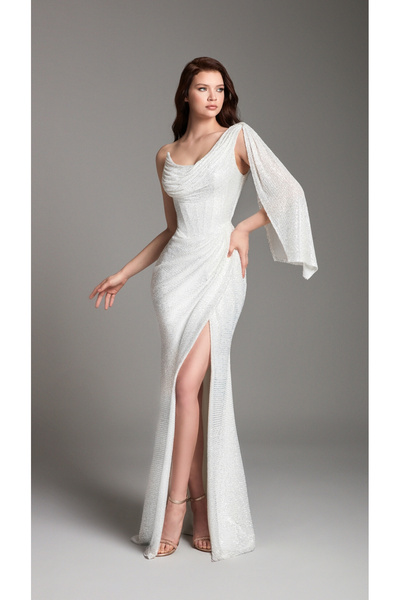 AzraKotan AZRA KOTAN ZARA PUL PAYETLİ TEK OMUZ DETAYLI ABİYE ELBİSE