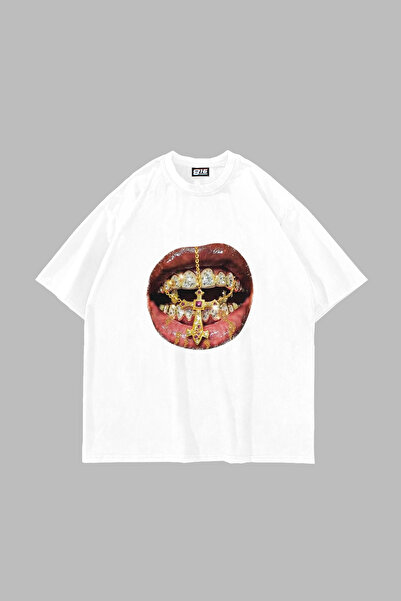 Bak Moda تي شيرت أبيض للجنسين مطبوع عليه أسنان من حجر الراين