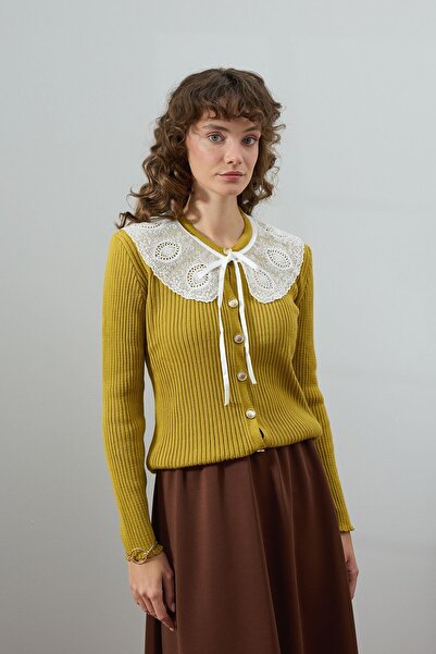 Ceylan Otantik Oil Green White Collar Knitwear Cardigan