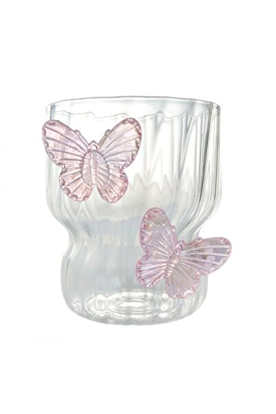 ECARLA Borosilicate glass tumbler with wavy walls and pink butterflies, 260 ml, eCarla, SZK161