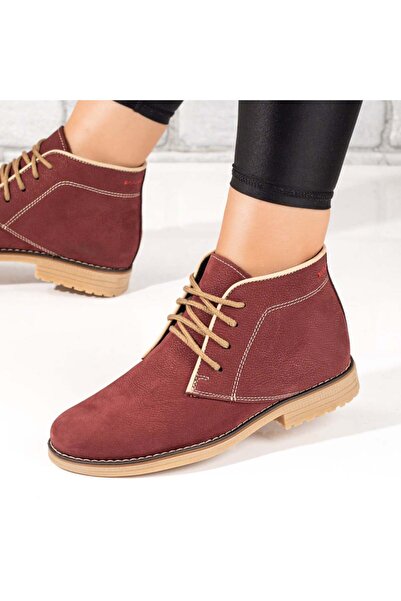 Modlet.ro Women's burgundy suede lace-up boots made of leather MOD10365