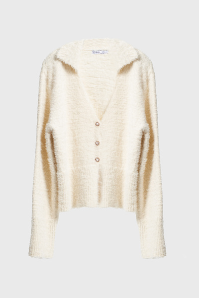 its basic Women's Ecru Color W5-105 Accessory Detailed Tasseled Fabric Sweater Cardigan