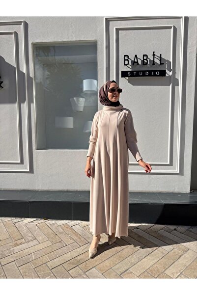 MissWhence 38803 Stitching Detailed Turn-Down Collar Women's Dress Ecru