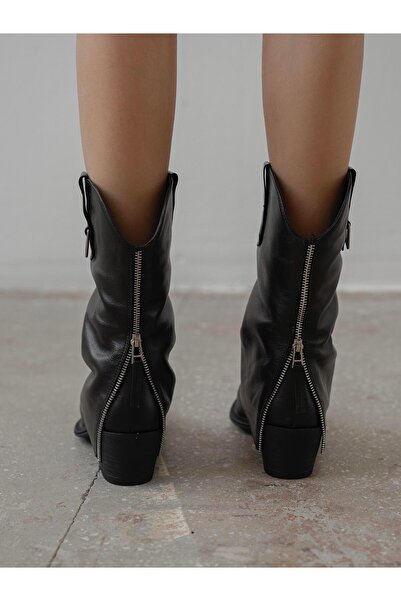 ECENİN BUTİĞİ Karla Siyah Hakiki Deri Kadın Bot