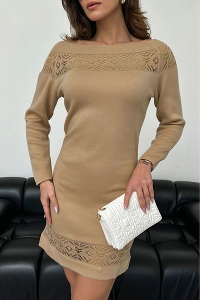 TRQOM Women's Mini Knitwear Dress Lace Collar Long Sleeve Trend Camel