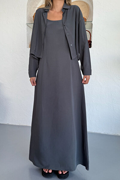 adba style Kadın Lyocell Dokuma Ayarlanabilir Askılı Bolerolu Elbise Takım 4046