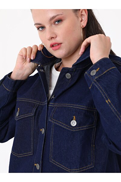 ALİA Kontrast Dikiş Detaylı Kapaklı Cepli Büyük Beden Denim Gömlek Ceket - Koyu Mavi -