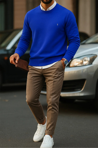 COMBİNE MİCHAİL Erkek Basic Bisiklet Yaka Mavi Sweatshirt