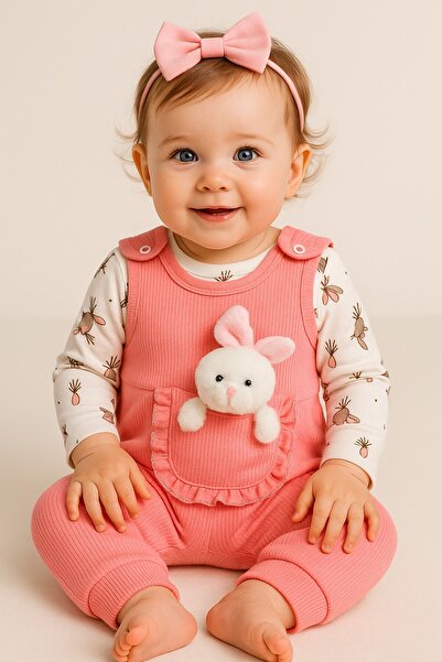 dinamik çocuk Baby Girl Romper Set with Toy Rabbit and Snap Fasteners, 2-Piece Romper Set – Bodysuit and Romper | 3-6-9 Months