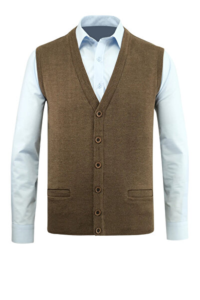 Çizgi Triko Men's Plus Size Buttoned Vest Knitwear with Pockets Steel Knit Classic Fit - 5200lb