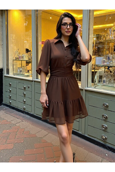 GlamarouX by 3638 Official Store Kahverengi Gömlek Elbise