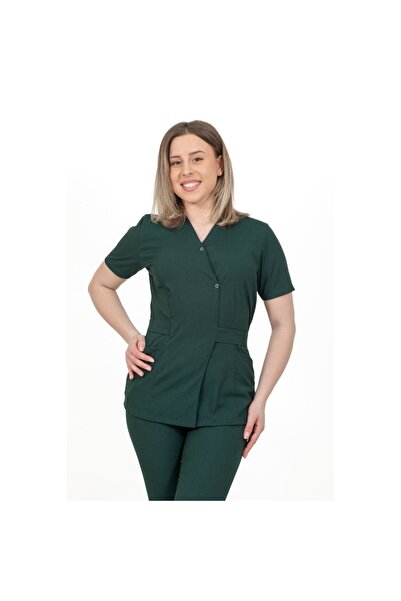 DEMOTEKS Women's Elastane Kimono Medical Blouse, Medical Uniform, Khaki Green Color