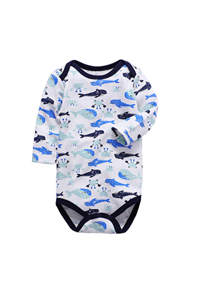 OEM Long-sleeved bodysuit, for boys, 100% cotton, 42 cm, 3-6 months, white with dolphin print
