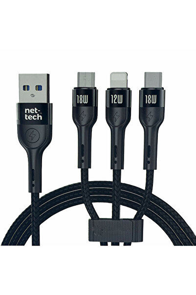 Nettech NT-DC13 İp Örgü 100 Cm USB To Micro + Lightning + Type-C Şarj ve Data Kablosu