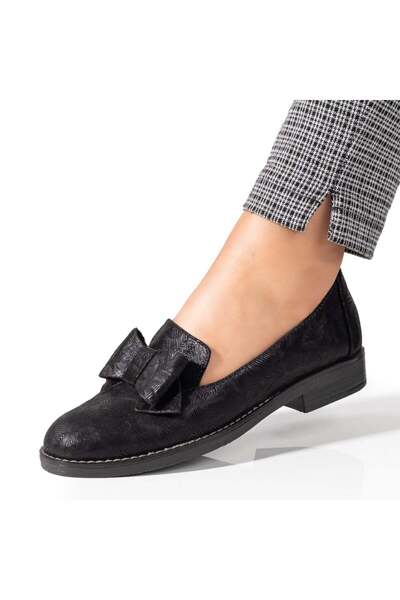 Modlet.ro Pantofi sport negri pentru femei cu fundă, din piele MOD09856