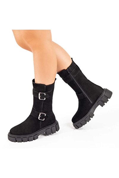 Modlet.ro Γυναικείες μαύρες μπότες με φερμουάρ και μεταλλικές λεπτομέρειες απ...