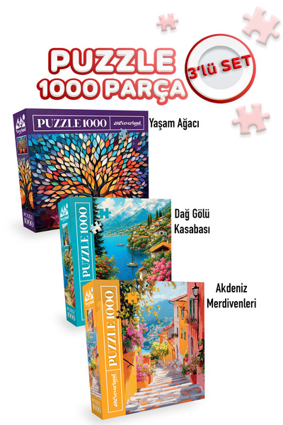 Neverland 3 ADET 1000 PARÇA PUZZLE - DAĞ GÖLÜ KASABASI VE YAŞAM AĞACI VE AKDE...