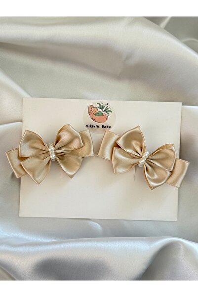 vikivin bebe Şampanya Saten İnci Detaylı 2’li Fiyonk Toka Seti (4,5 cm Timsah Klips)