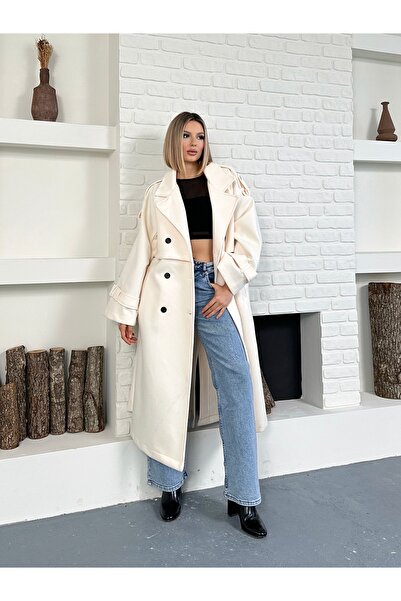 LE CARAMBOLE Γυναικείο παλτό Premium Long Cashmere με κρεμ μανίκια και επιλέκτρια στον ώμο
