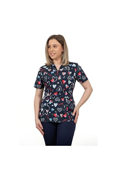 DEMOTEKS Bluza Medicala Kimono Elastan cu Imprimeu, Femei - Model Uniforma Me...