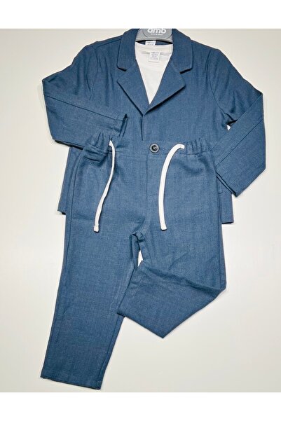 Kids Ceketli 3 Lü Erkek Çocuk Lacivert Takım Elbise Keten Pamuk Karışımlı Cek...