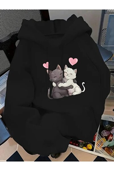 ORVIO Group Women's Oversize Cat Printed Hoodie