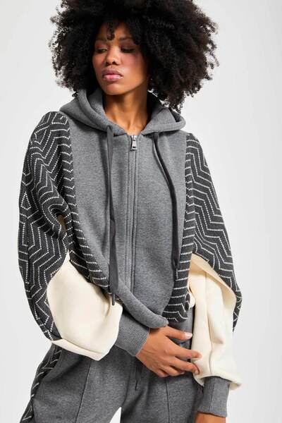 its basic Жіночий сірий колір w5-45 Світшот з капюшоном Полярний спортивний костюм 2-комплектний Комбінований дизайн Тканина