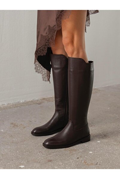 ECENİN BUTİĞİ Nedra Kahve Fermuarlı Hakiki Deri Kadın Çizme